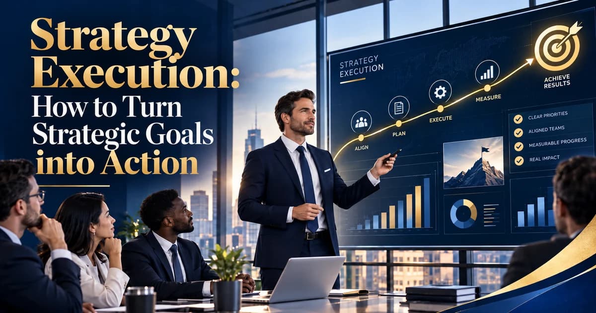 Business leader presenting a strategy execution roadmap to a management team, illustrating how to turn strategic goals into measurable action.
