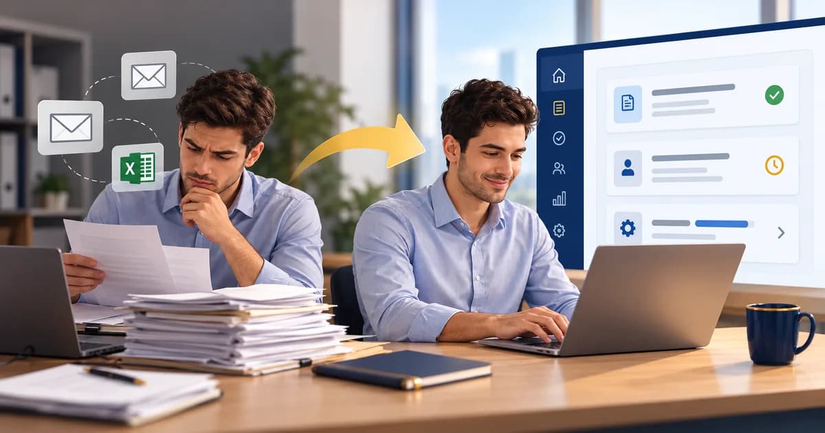 Employee transitioning from manual paperwork and email-based workflows to a digital request management system, illustrating organisational change impact assessment.